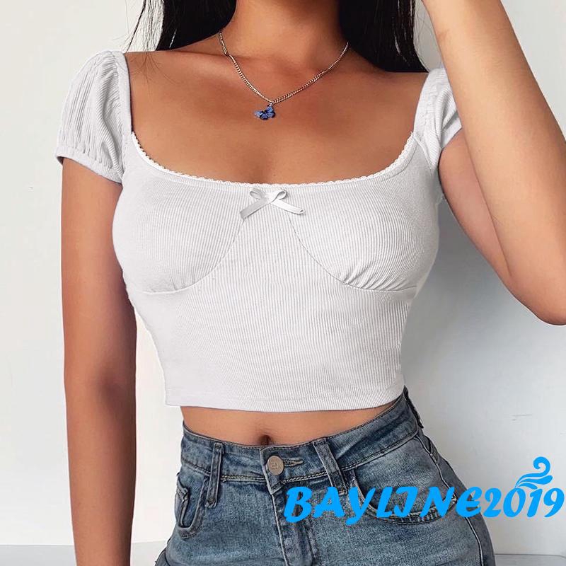 Áo thun cổ vuông tay ngắn màu trơn dáng ôm thời trang mùa hè cho nữ