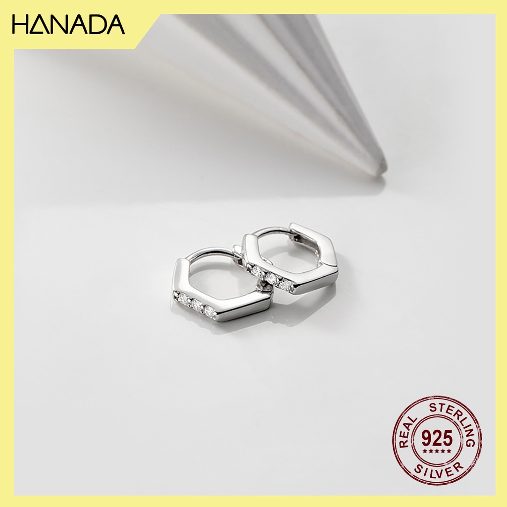 Bông Tai Bạc 925 Hanada Khoen Tròn Lục Giác Đính Đá Nhỏ Đeo vành 0802