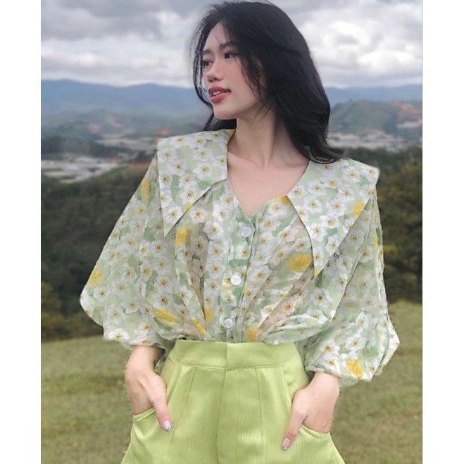 Set áo sơ mi hoa cổ peter nhọn tay phồng + Short xanh