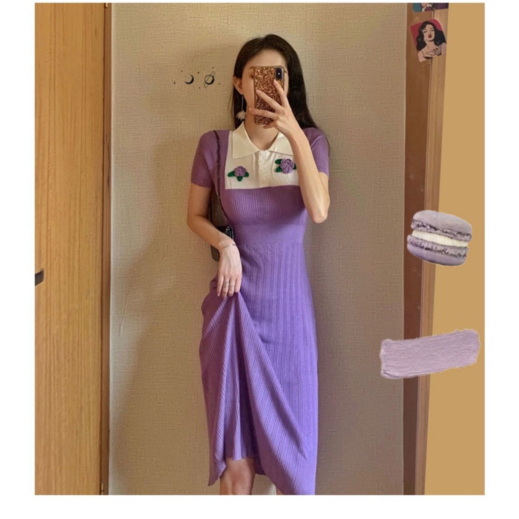Đầm dệt kim dáng dài màu tím chiết eo phong cách cổ điển thời trang mùa hè hàng mới dành cho bạn nữ