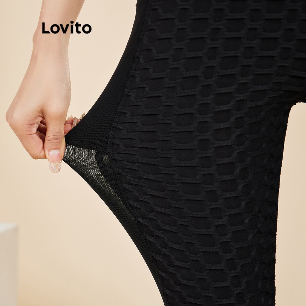 Quần legging Lovito màu trơn kết cấu lưới tương phản phong cách thể thao L15X239 (Màu đen)
