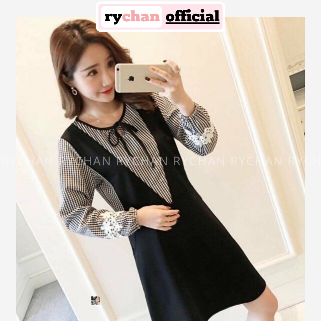 [ẢNH THẬT CUỐI] Đầm Xòe Caro Phối Đen Nơ Cổ - DX683