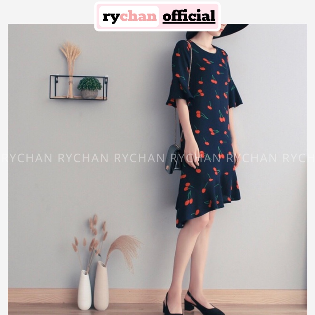 Đầm Nữ Họa Tiết Cherry Tà Xéo Độc Đáo, Váy Nữ Dạo Phố Cafe Cổ Tròn Tay Lửng Phối Bèo Màu Xanh Đen - DX9704