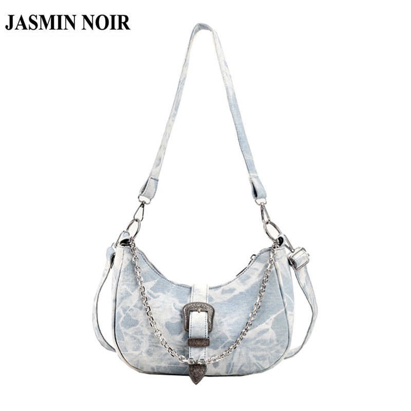 Túi Đeo JASMIN NOIR Chéo Denim Hình Mặt Trăng Nửa Dây Xích Thời Trang Nữ