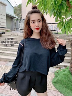 Croptop Tay Dài Phối Dây Kéo
