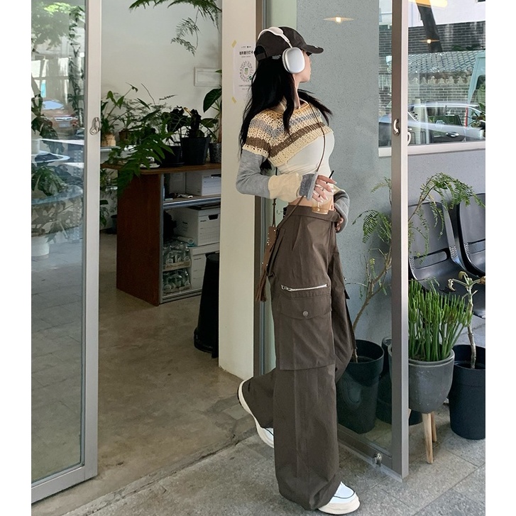 QKOOLE Áo croptop  dệt kim tay dài phong cách cổ điển Hàn Quốc cho nữ