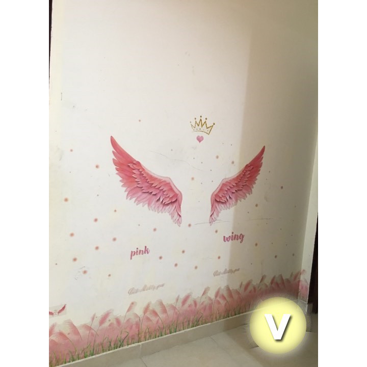 [KÈM ẢNH THẬT] Decal dán tường Combo đôi cánh+chân tường cỏ lau hồng