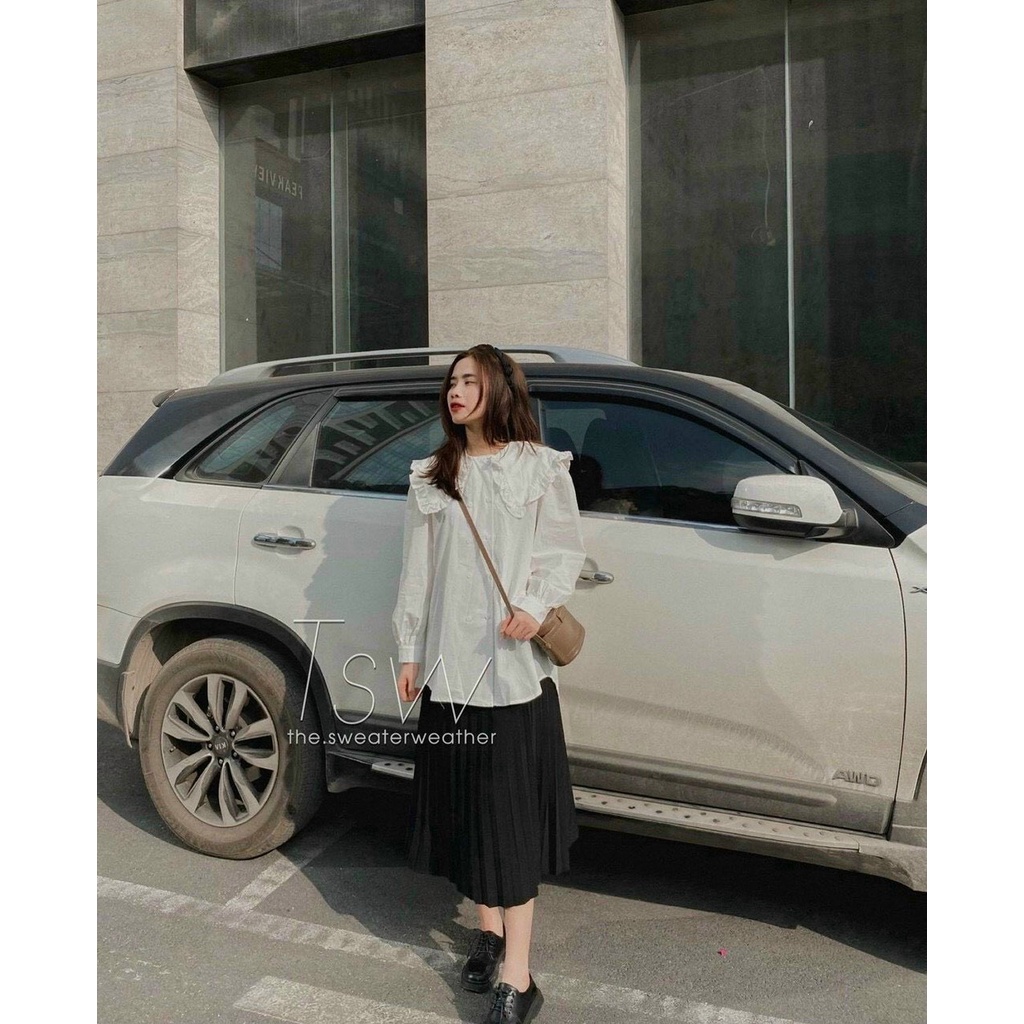 Áo sơ mi bèo 1 lá cổ khuy ngang 2 bên tay bo