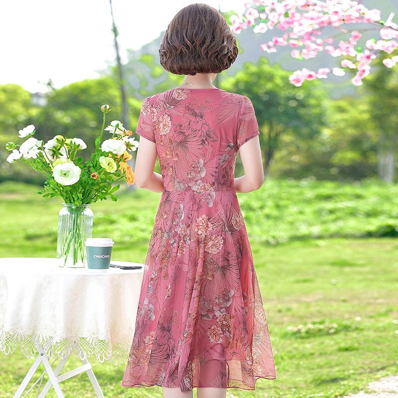 Xả kho - Đầm trung niên cao cấp - Váy trung niên cho mẹ, tay ngắn chất vải voan mềm nhẹ, mịn mát