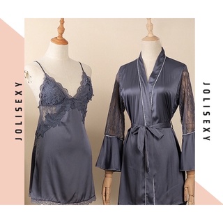 Set váy + áo choàng ngủ lụa xanh navy cao cấp j422