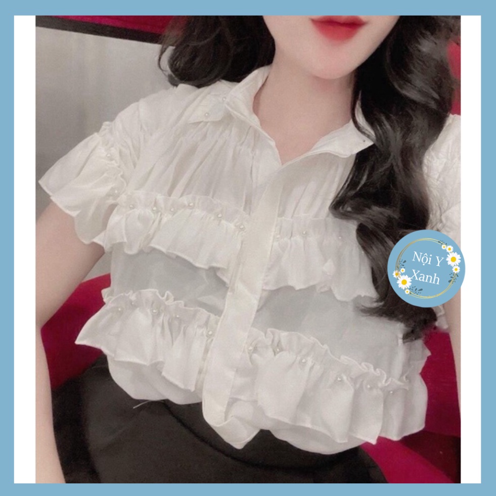 Áo sơ mi bèo tầng cổ đức đính ngọc cộc tay nội y xanh chất đẹp giá tốt
