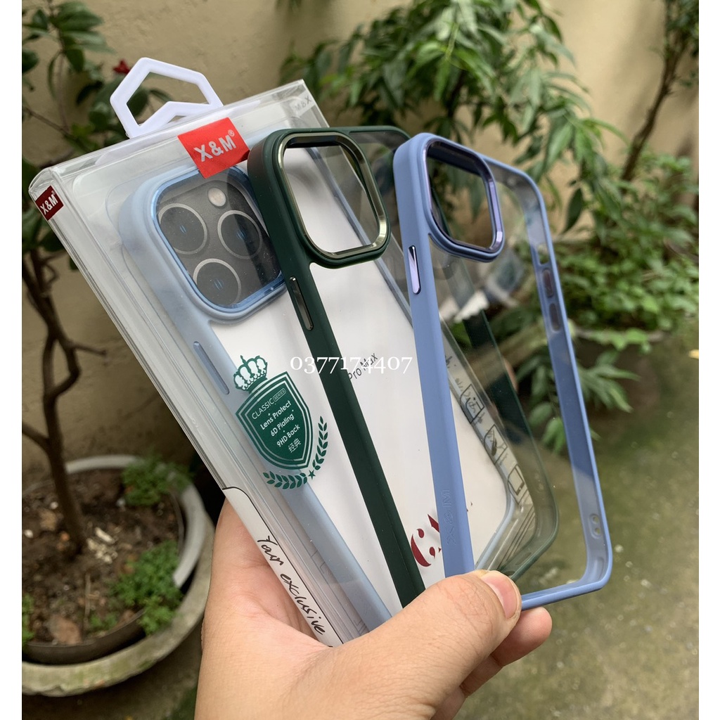 Ốp lưng X&M trong kính viền màu siêu đẹp iPhone 15,14 ,13, 13 Pro,13 Pro Max,12 Pro Max vàng camera nhôm gờ cao siêu đẹp