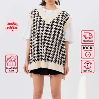 Áo len cao cấp gile ô đen trắng gi lê cổ V hoạ tiết Houndstooth Mia Ritta A1976