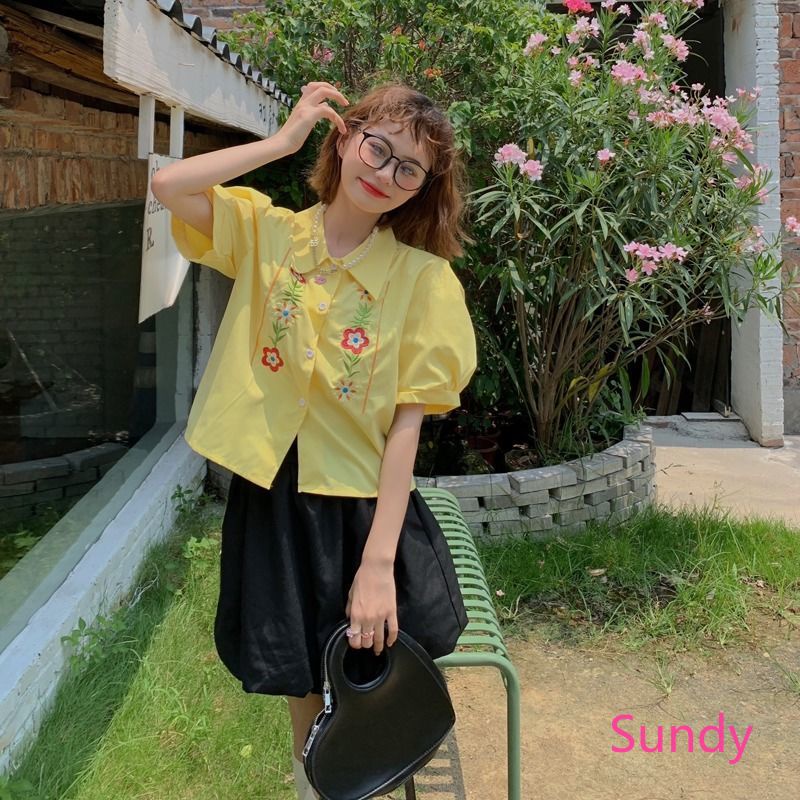 Plus Áo Kiểu Tay Phồng Thêu Họa Tiết Phong Cách Vintage Pháp Cho Nữ