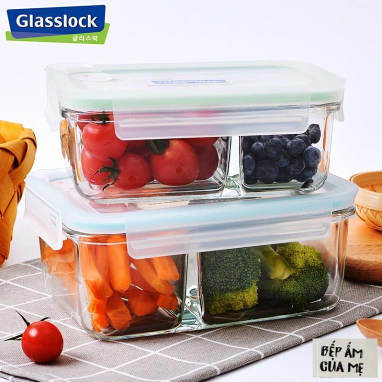 Hộp thủy tinh chịu nhiệt 2 ngăn Glasslock dùng được trong lò vi sóng ngăn đông tủ lạnh(1 hộp)