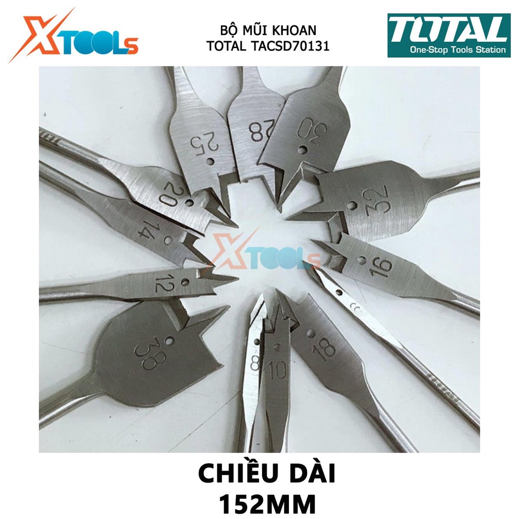 Bộ mũi khoan gỗ đầu dẹp 13 chi tiết TOTAL TACSD70131 bộ 13 mũi khoét gỗ đuôi cá Đuôi lục giác 1/4&quot;, Chiều dài 152mm, Gồm