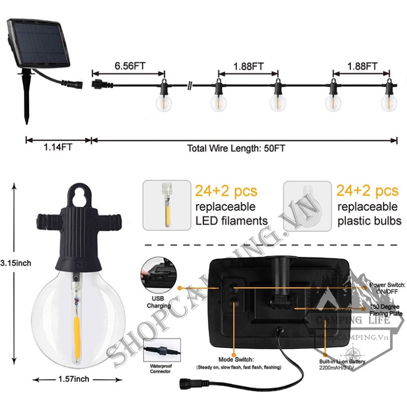 Dây đèn led edison,cắm trại ,dã ngoại,indoor,outdoor,dùng điện 3.7v an toàn tuyệt đối chống nước IP44