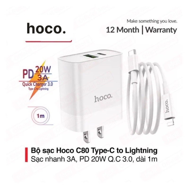 ✔️NOWSHIP✔Bộ Sạc Nhanh Siêu Tốc Hoco C80 QC3.0 PD 20W-2 cổng USB+TypeC dây cáp Type C -IP11PROMAX/tablet táo