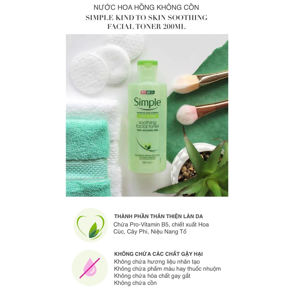 Nước hoa hồng Simple - kind to skin Smothing facial toner - 200ml