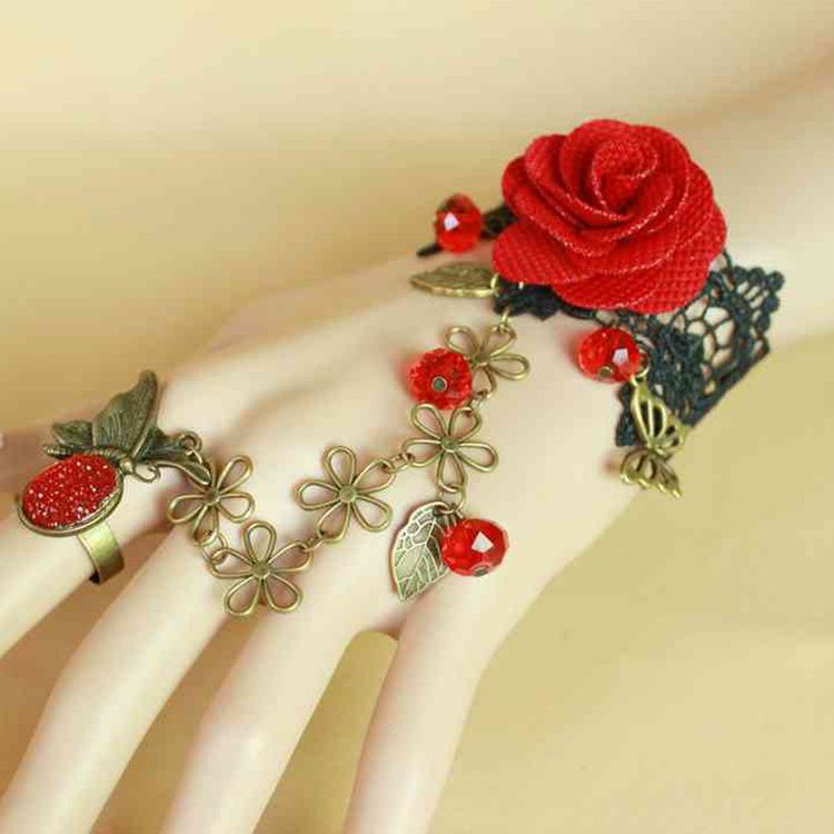 Vòng tay nữ choker hoa hồng đỏ liền nhẫn xinh xắn