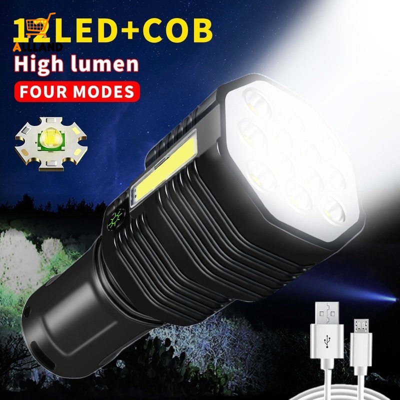 Đèn Pin Cầm Tay Siêu Sáng 12 Bóng LED Sạc USB 4 Chế Độ Có Thể Điều Chỉnh Chống Thấm Nước