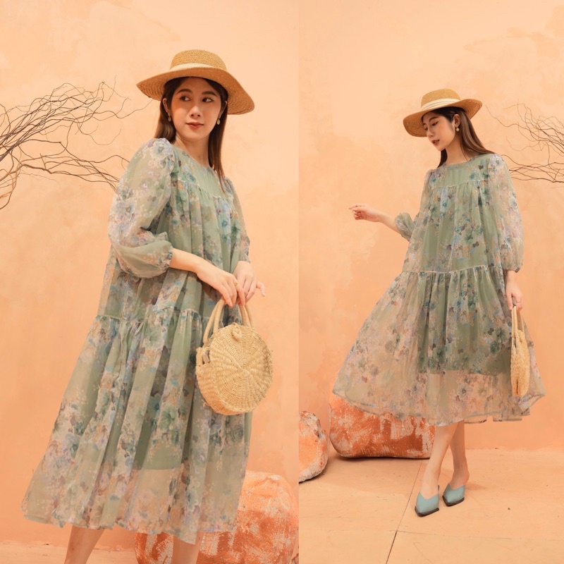 Đầm Maxi Voan Hoa Dáng Tầng Chất Liệu Tơ Xước Mềm Mát Phom Suông Chị Em Nào Bầu Bí Mặc Thoái Mái Xinh