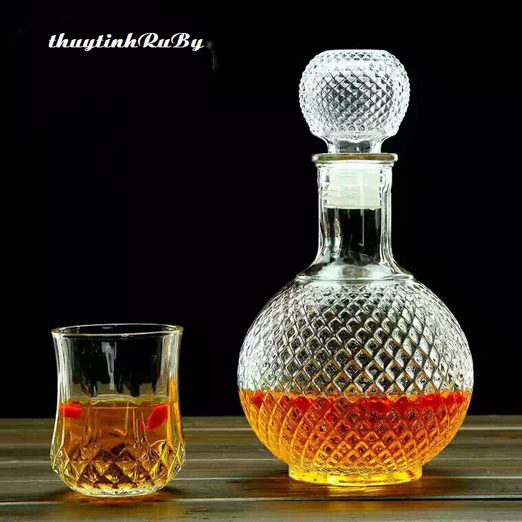Bộ Bình Rượu Thủy Tinh Kim cương Bầu dục (kèm ly) Bình Chai Ngâm Rượu Nhân Sâm