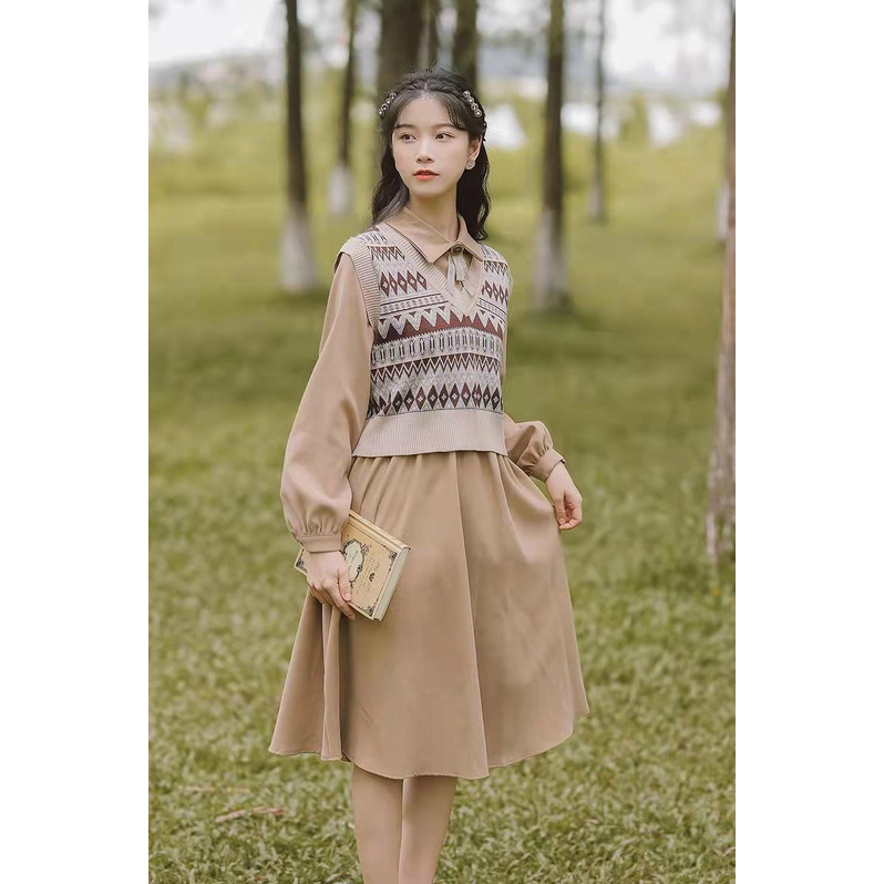 Set váy nhung tăm mix áo len gile tiểu thư,váy nhung tăm nữ,áo len ghi lê nữ