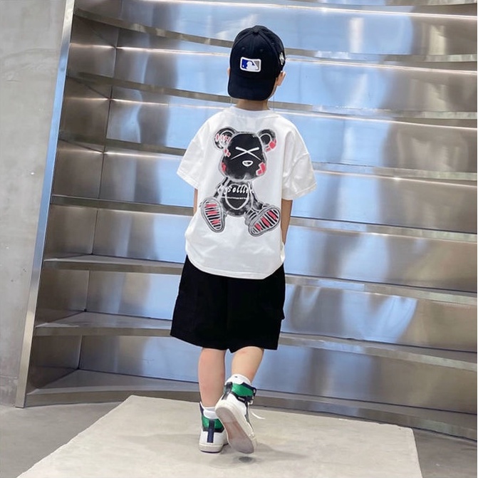 Áo thun BXPB tay ngắn dáng rộng in hoạt hình gấu dễ thương thời trang mùa hè cho bé trai