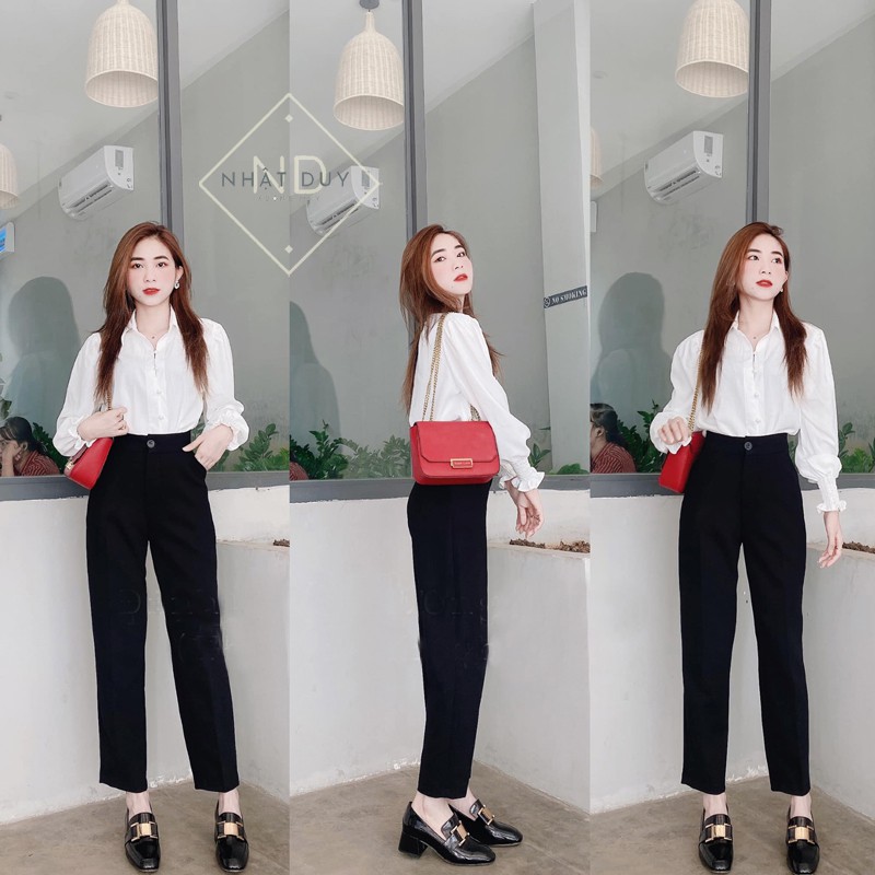 Quần tây baggy nữ đi học cạp cao xanh đen  -  chất vải tuyết mưa - kiểu dáng quần Baggy trơn hiện đại đứng dáng dài 95cm