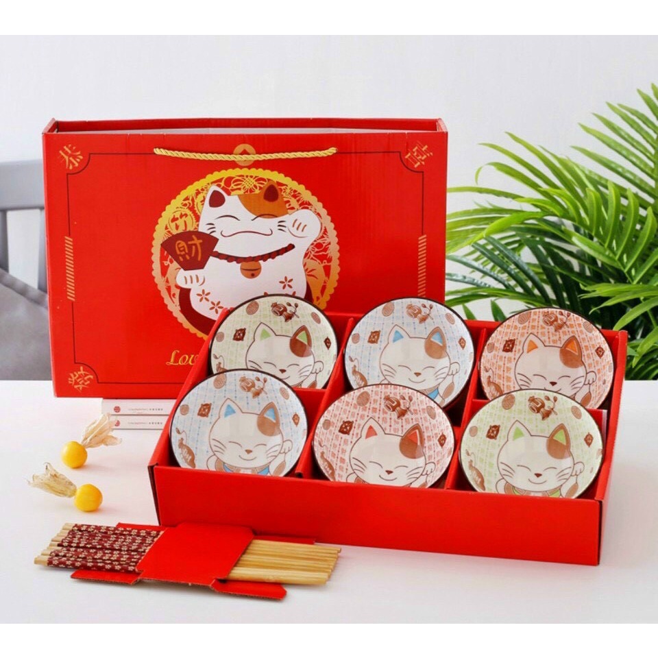 Bộ 6 chén ăn cao cấp bằng sứ decor bàn ăn kèm đũa