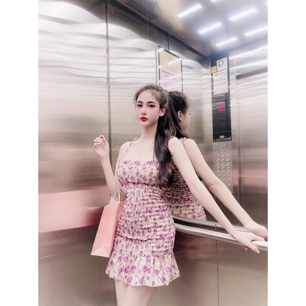 [HINOIS229] Đầm Body Nhún 🌸 Váy 2 Dây Hoa Nhí Dáng Ôm, Chất Lụa Thấm Hút Mồ Hôi, Thích Hợp Đi Chơi, Đi Tiệc | BigBuy360 - bigbuy360.vn
