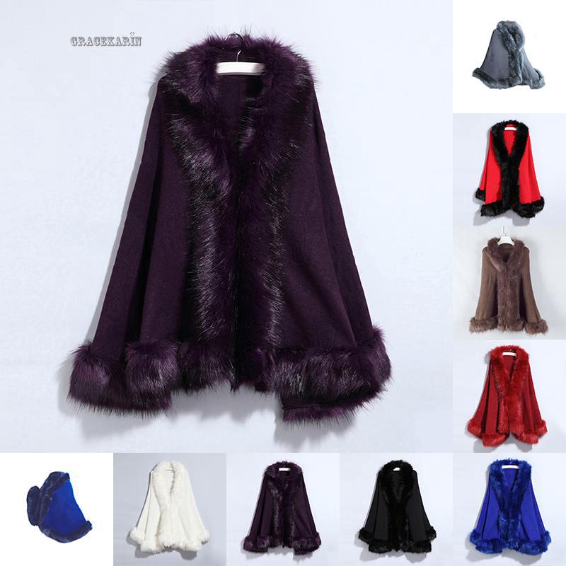 Áo choàng dệt kim phối lông thú giả nhiều màu thời trang cho nữ
