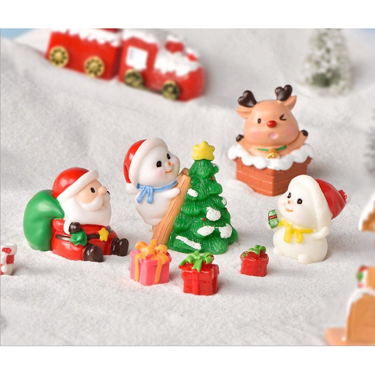 Mô hình người tuyết, ông già Noel, tàu hoả đỏ, tuần lộc, xe kéo trang trí tiểu cảnh giáng sinh, terrarium christmas