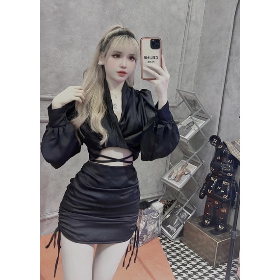 Set Lụa Áo Đan Dây Eo Chân Váy Rút Thiết Kế