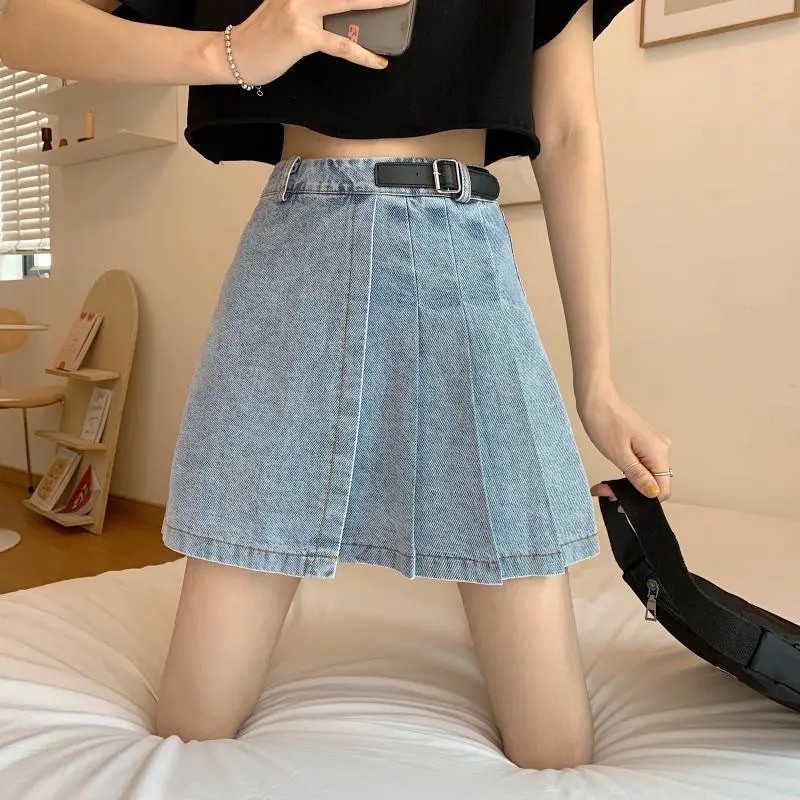 Chân váy jean bò xếp ly ulzzang kèm đai có bigsize kèm ảnh thật