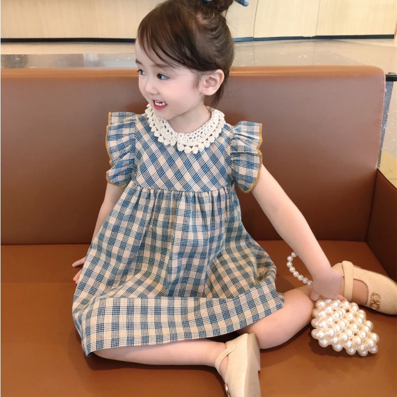 Hàng Có Sẵn Đầm Ngắn Tay Họa Tiết Ca Rô Một Mảnh Thời Trang Mùa Hè Phong Cách Hàn Quốc Cho Bé Gái
