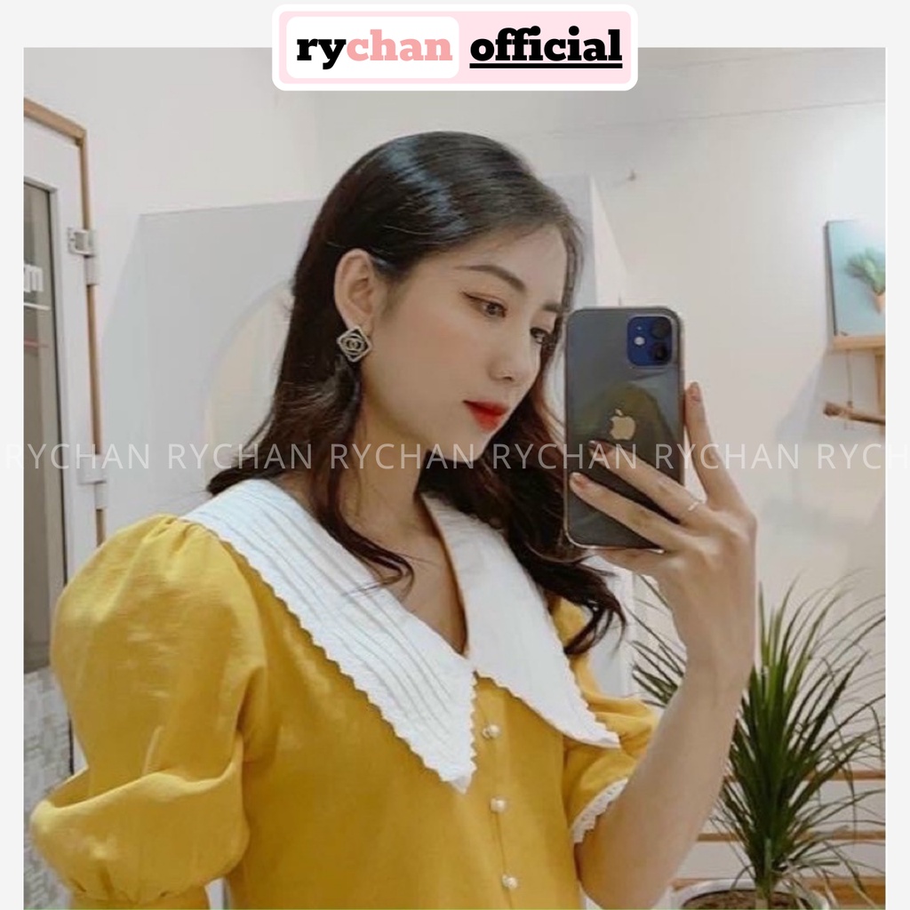 Đầm Nữ Dự Tiệc Dáng Dài Cổ Trắng Tay Phồng Phối Viền Trắng Viền Ren Cực Tiểu Thư Màu Vàng [ẢNH THẬT CUỐI] - DX9808