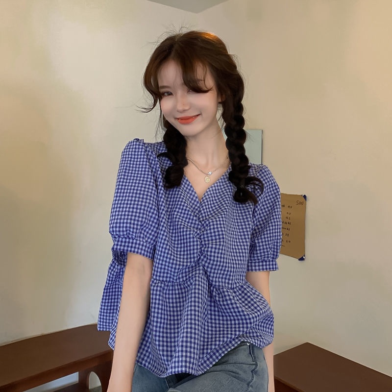 COZOK Áo Sơ Mi Tay Ngắn Cổ Chữ V Họa Tiết Sọc Caro Phong Cách Hàn Quốc