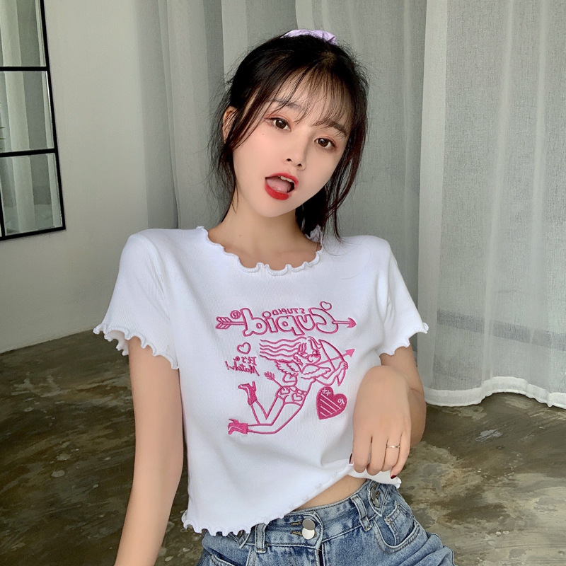 Áo Croptop Tay Ngắn Hoạ Tiết Thêu Phong Cách Hàn Quốc