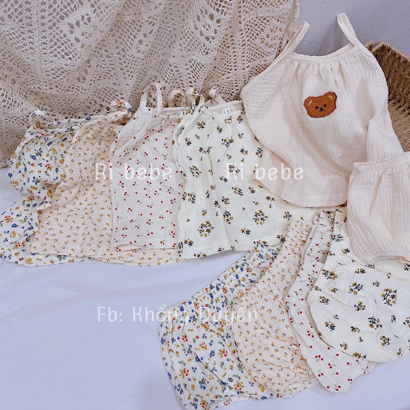 Set áo hai dây, quần bí hoạ tiết chất xô Muslin mềm mát cho bé gái
