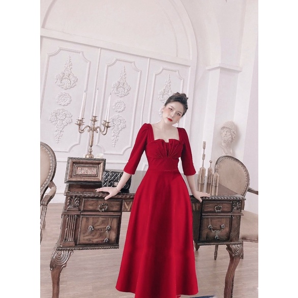 Đầm dự tiệc ngực xếp li V tay lửng