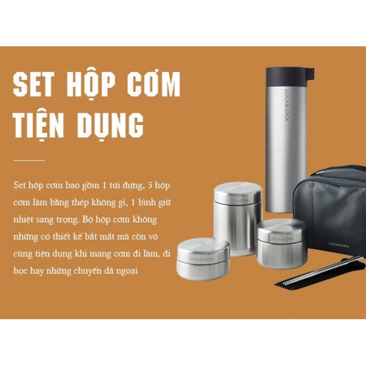 Bộ hộp cơm giữ nhiệt và bình giữ nhiệt Lock&amp;Lock bằng thép không gỉ LHC8016S01
