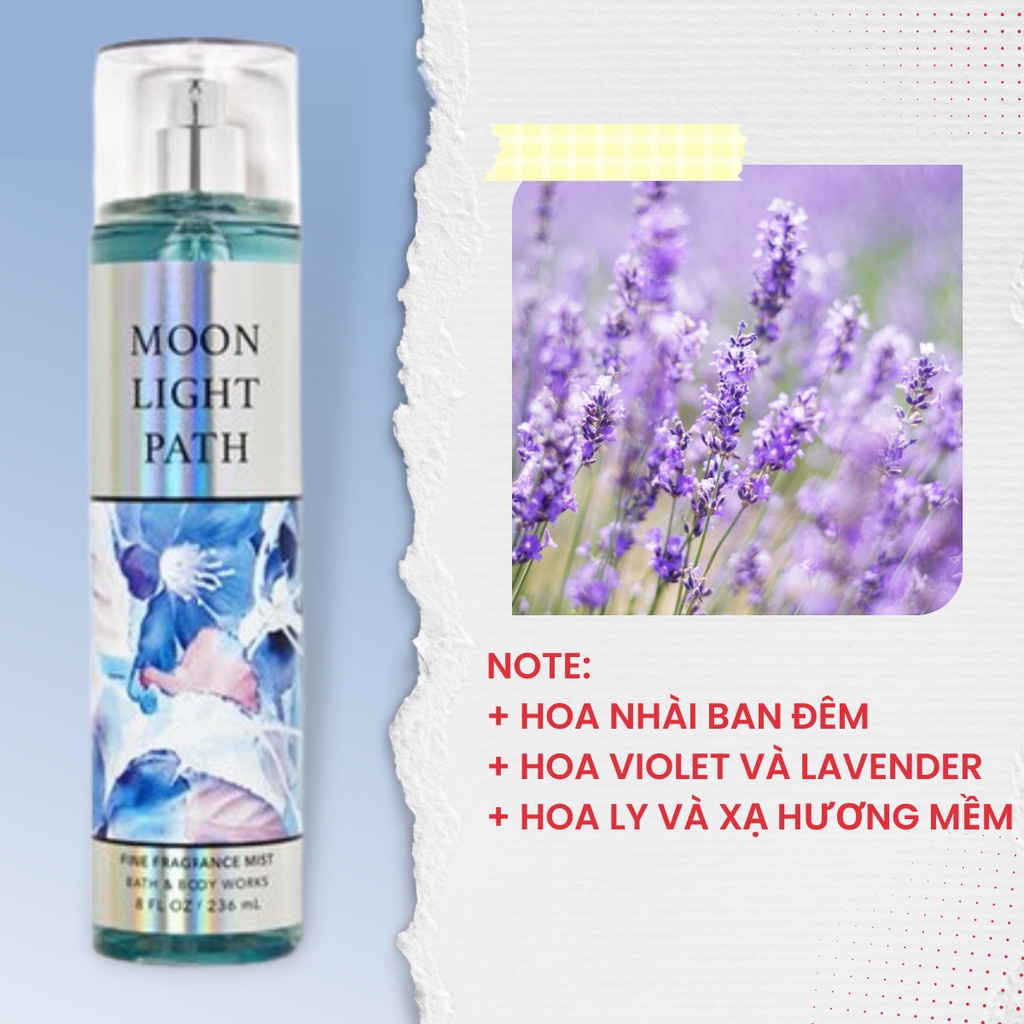 Xịt Thơm Body Mist Bath And Body Works Moon Light Path Khử Mùi Cơ Thể Hương Gỗ Sồi Cỏ Hoa Tươi Mát Chai 200ml