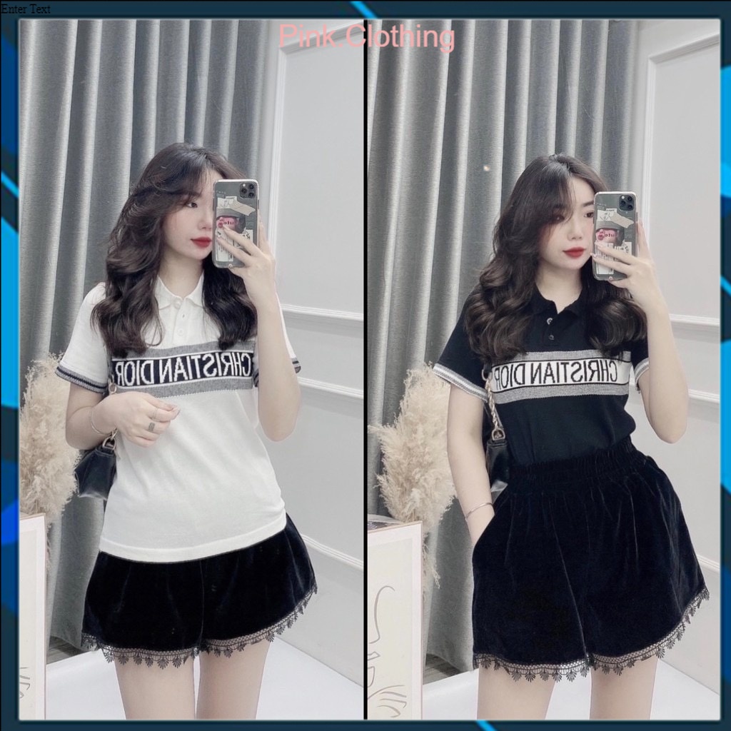 Áo len cổ bẻ in chữ dáng vừa ngắn tay, Áo kiểu cổ viền vải len co giãn AS7800 - Pink clothing PG01