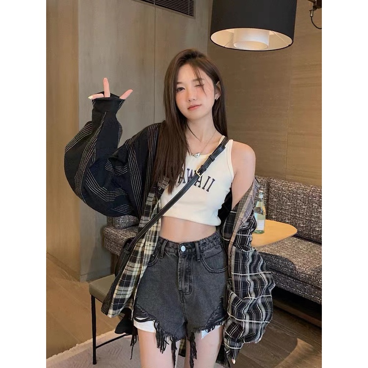 Áo Sơ Mi Nữ Tay Dài Dáng Rộng Họa Tiết Caro Phong Cách Retro