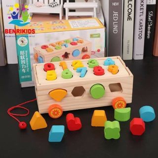 Đồ chơi xe gỗ thả hình khối và số đếm