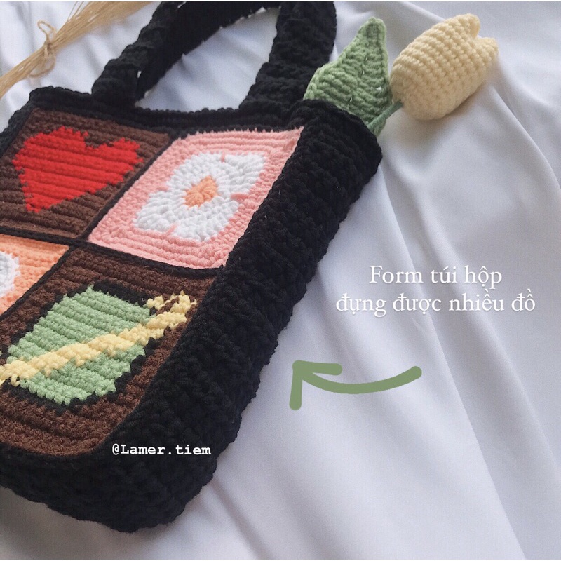 Crochet Unique square bag/ túi móc len hoạ tiết ô vuông