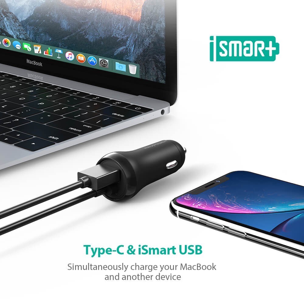 Tẩu sạc ôtô cho iP, S10, S9, Note 9 RAVPOWER RP-PC0 91 36W - 02 cổng (1 USB-C PD 18W &amp; 1 USB-A QC 3.0 18W)