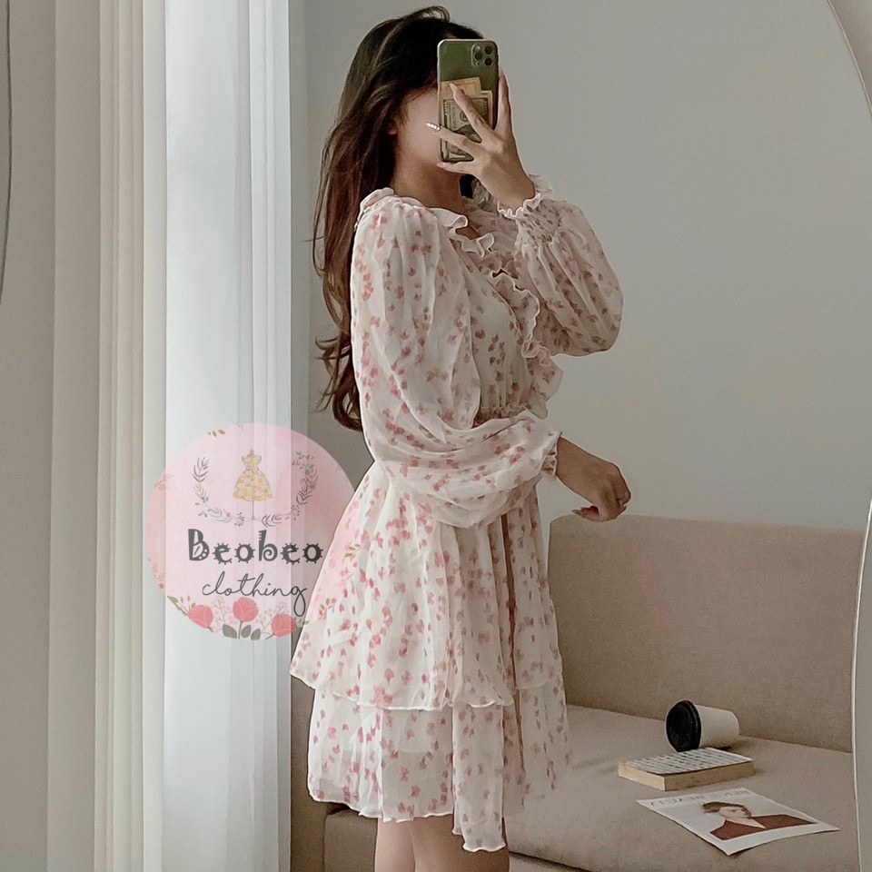 Đầm voan hoa nhí cổ v bèo tay bo xoè tầng vintage